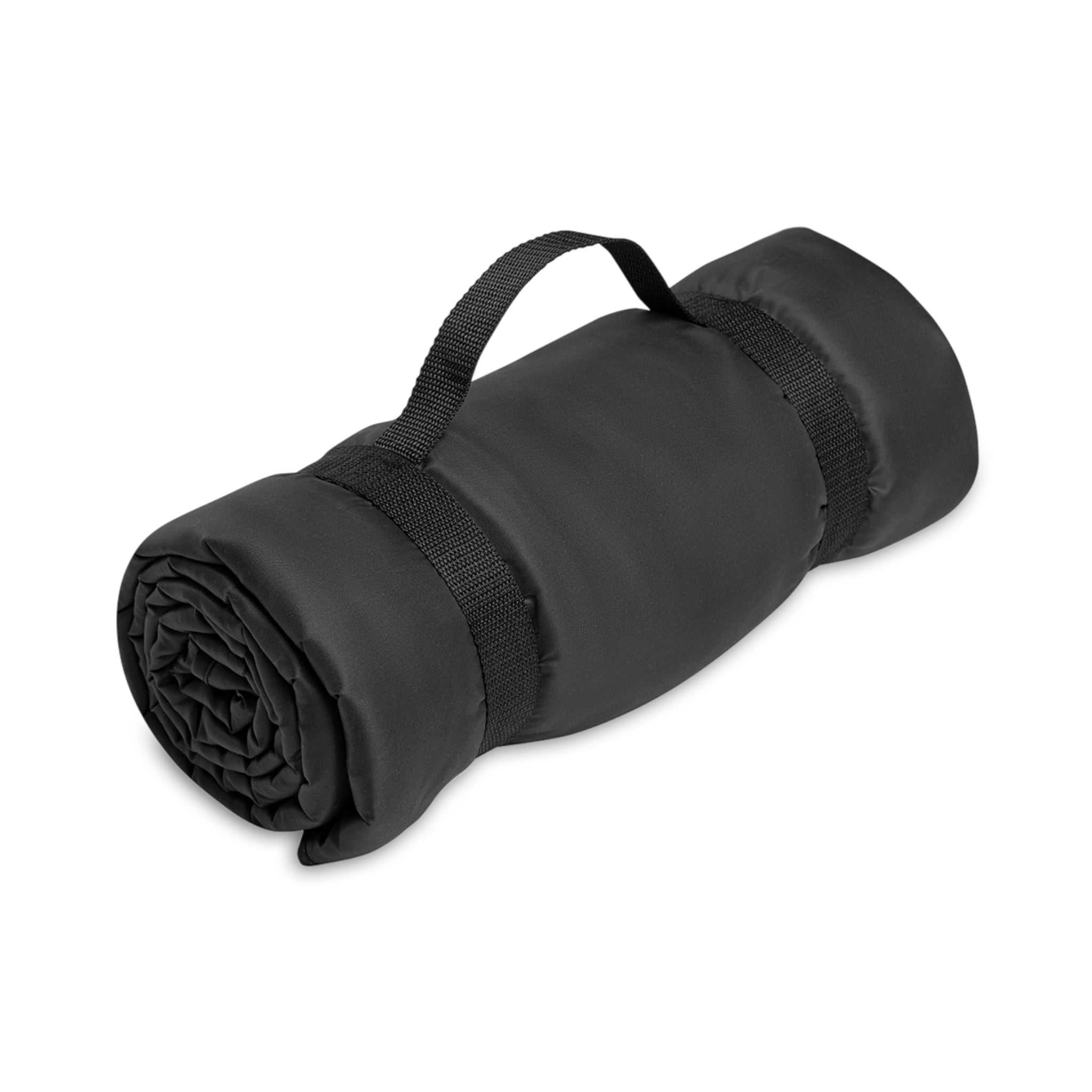 Pink Rose Picnic Blanket Black rolled-up mat with handle on a white background