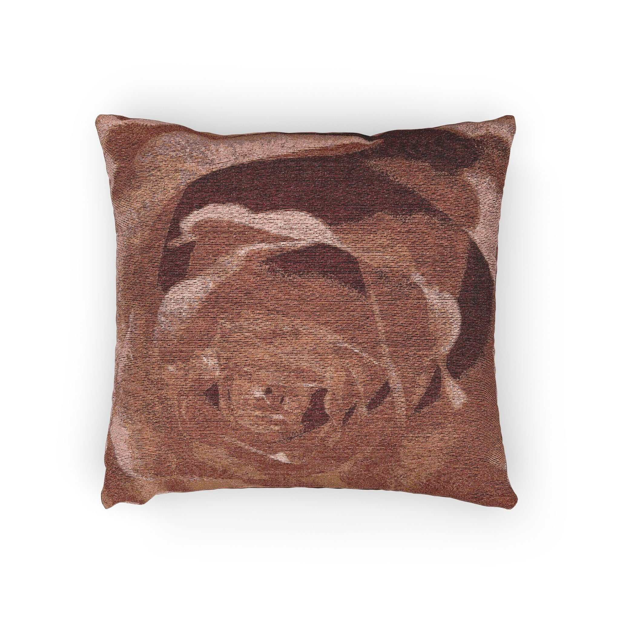 Decorative pillow with a brown rose pattern on a white background