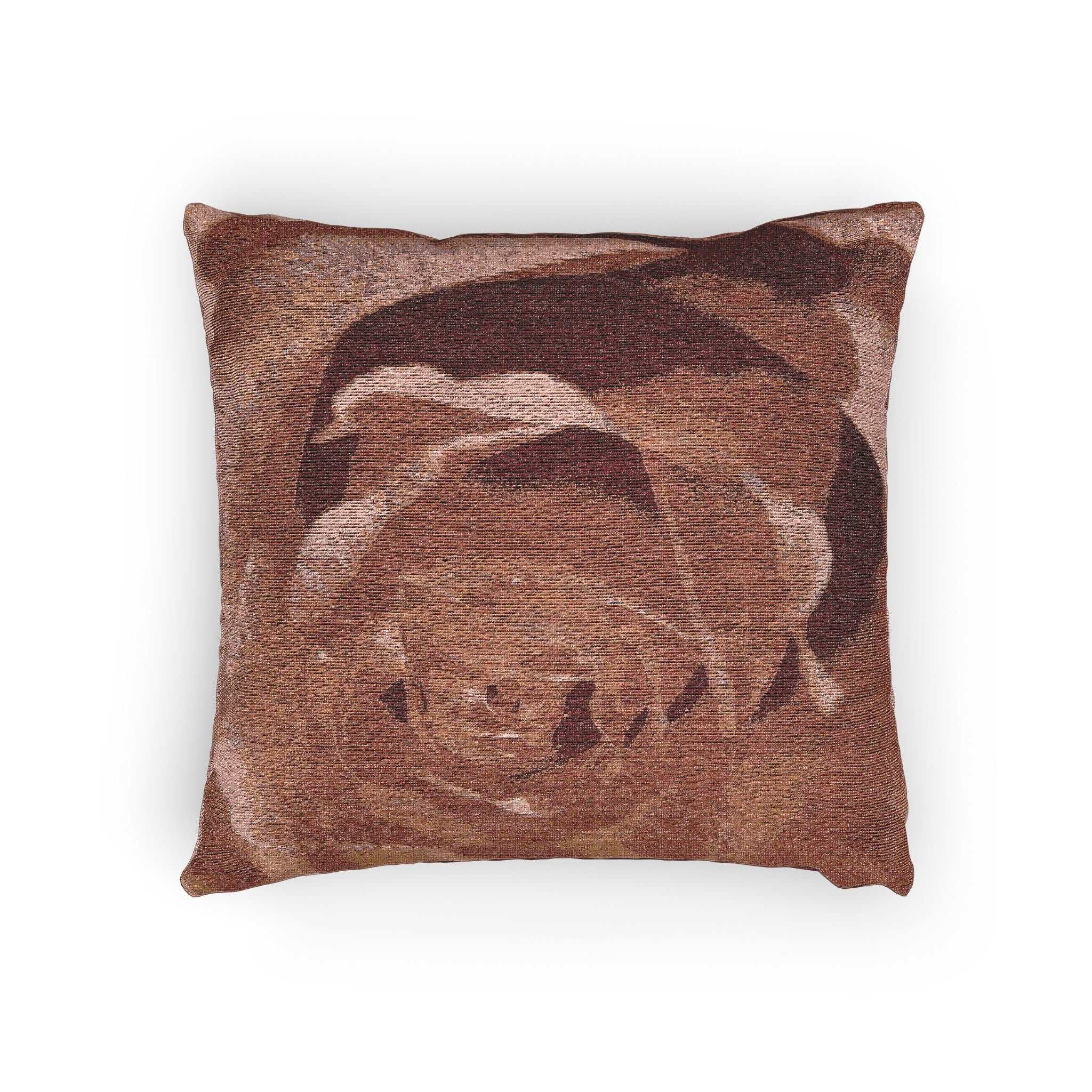 Decorative pillow with rose design on a white background